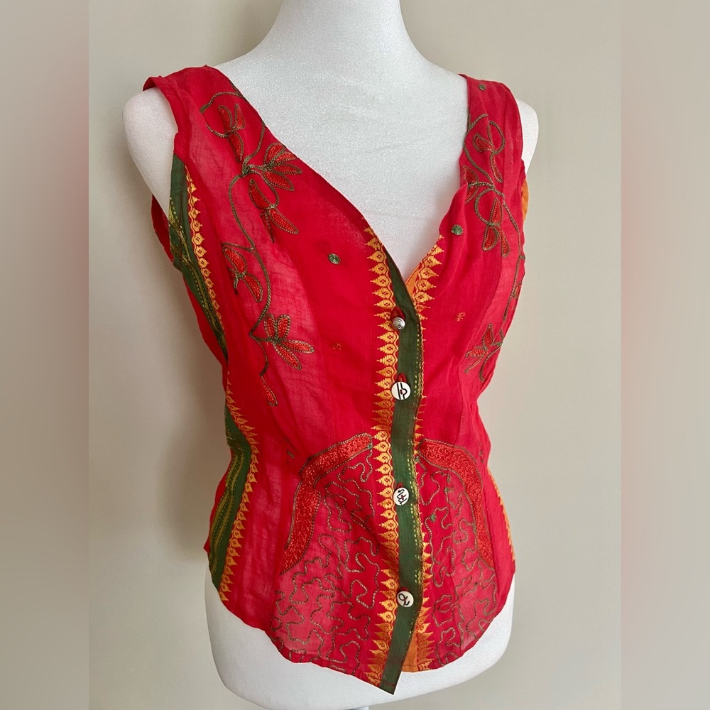Paul Ropp Boho Embellished Button Down Sleeveless Blouse Medium White